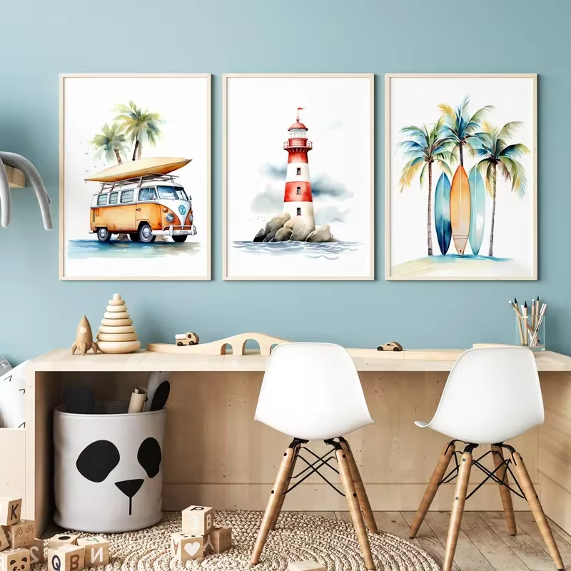 Baby Nursery Ocean - サーフオーシャンをテーマにした保育園のウォールアート、ビーチ灯台、子供向けのキャンバス絵画、赤ちゃんの寝室の装飾、印刷可能なポスター