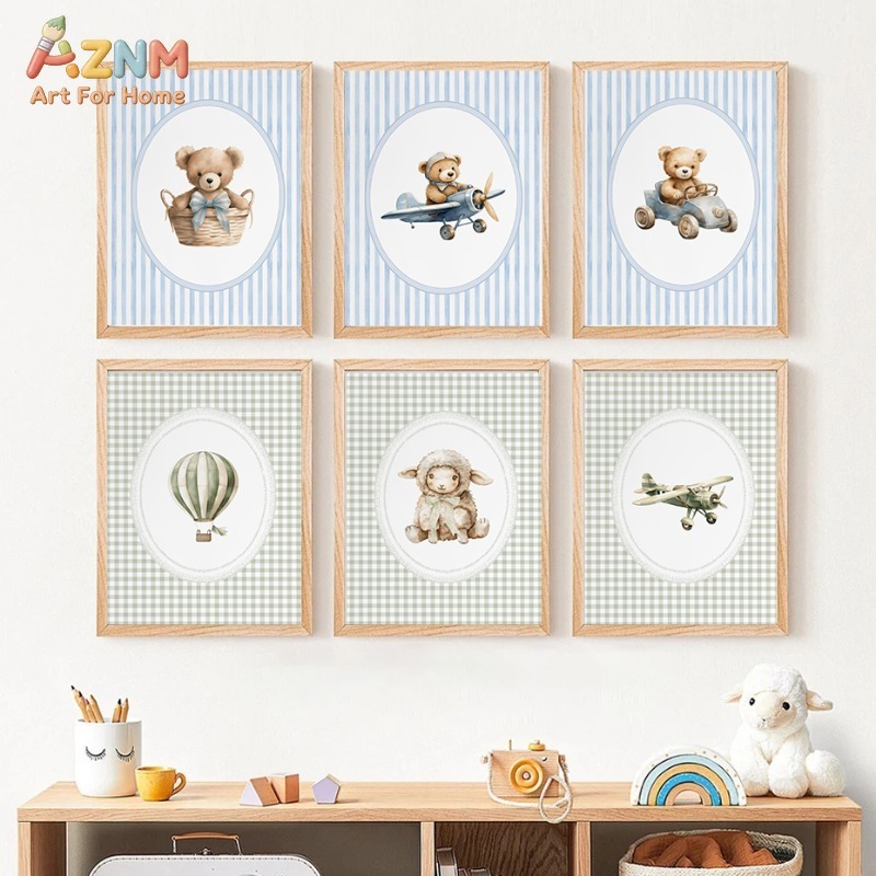 Baby Nursery Furniture Sets - 水彩テディベア保育園ウォールアートブルーストライプチェック柄キャンバスプリント赤ちゃん男の子寝室装飾フレームなし6枚セット