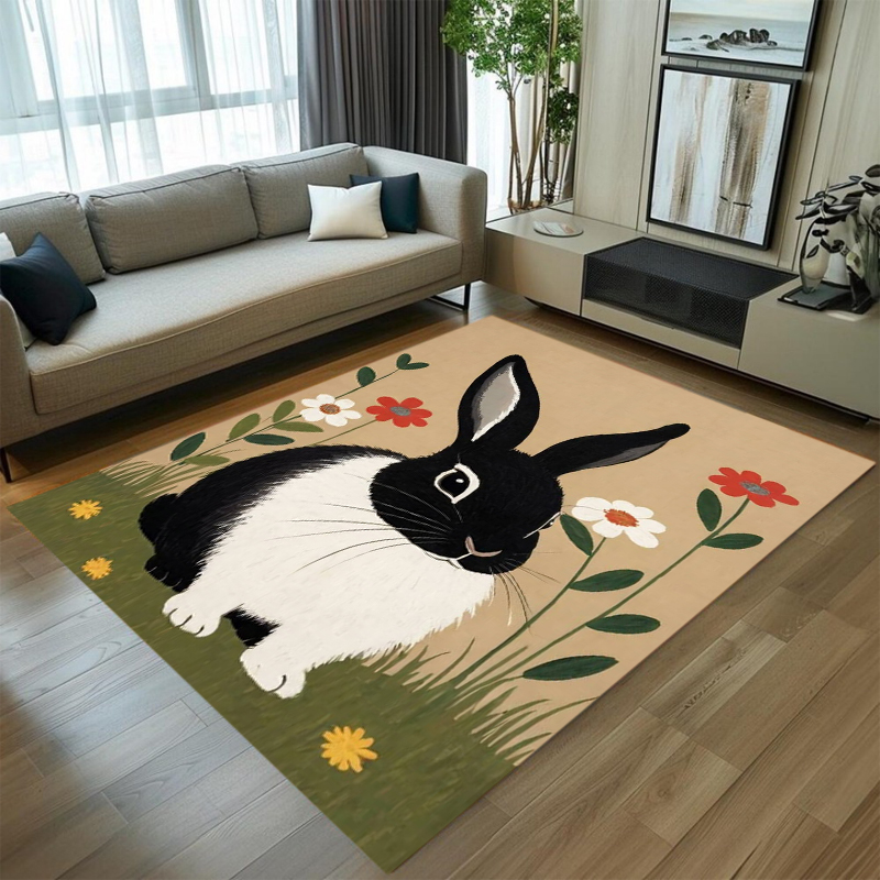 Soft Rug Nursery - かわいいグレーのウサギ柄エリアラグ、ヴィンテージ風の花柄ポピープリント、柔らかいフロアマット、リビングルーム、寝室、子供部屋、保育園、コテージの装飾に。
