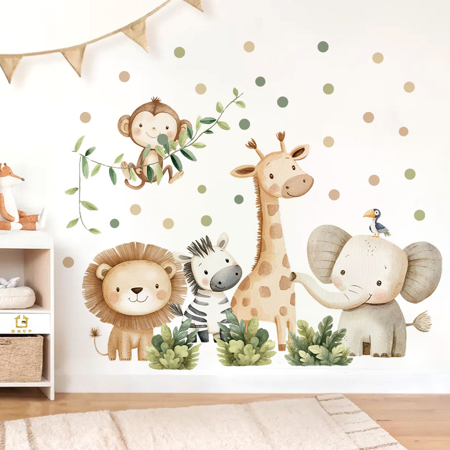 Baby Nursery Labels - 自由奔放に生きる森の動物ウォールステッカーキッズルーム用男の子女の子ベビールーム装飾保育園壁紙象キリン猿ライオン