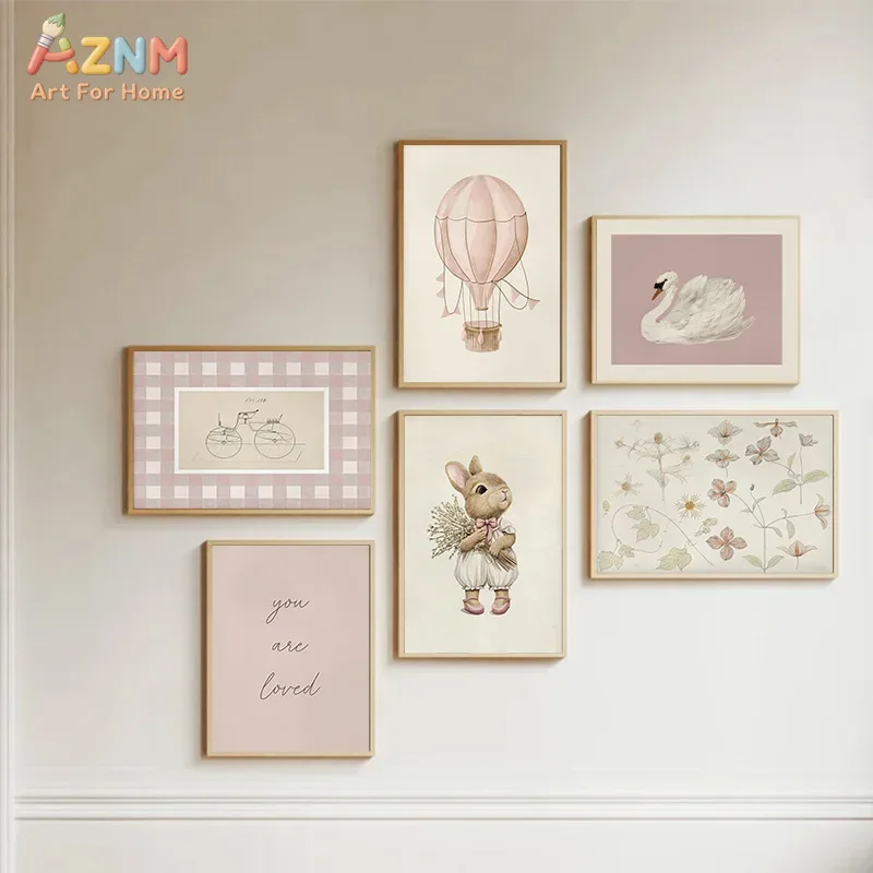 Baby Nursery Vintage Decor - AZNM ボヘミアンバニー熱気球白鳥ウォールアートキャンバスプリント、ヴィンテージ保育園装飾フレームレスポスター、女の赤ちゃんの部屋用