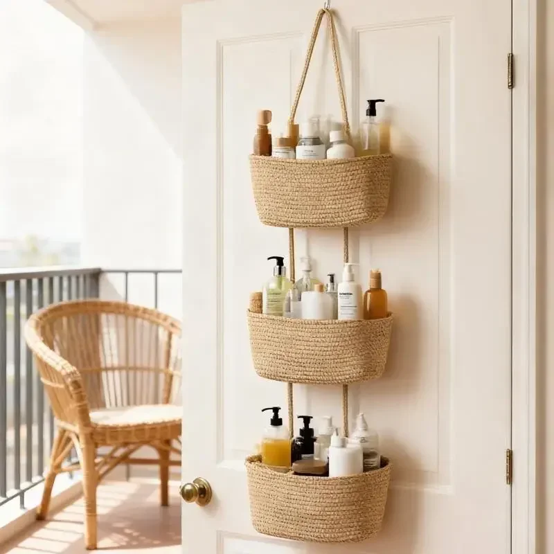 Baby Nursery Hooks - 3段式コットン製吊り下げ収納バスケット、ドア上・壁掛けオーガナイザー、装飾的なベビー用ジュートバスケット、ベビーおむつやおもちゃの収納に最適、ボヘミアンスタイルの部屋整理用、フック付き小型ランドリーバスケット