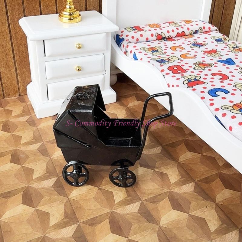 Baby Nursery Furniture Sets - 85AE かわいいリアルなブラックベビーベッド ミニベビーベッド レトロブラックベビーベッド 1:12 ドールハウス用