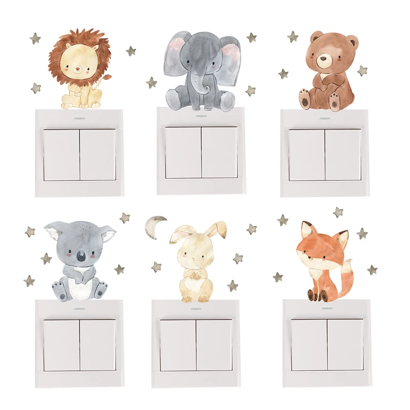 Baby Nursery Furniture Sets - 6 ピース/セット自由奔放に生きるカラーかわいい笑顔漫画動物スイッチステッカー壁キッズルームベビー保育園ルーム壁飾り星家の装飾