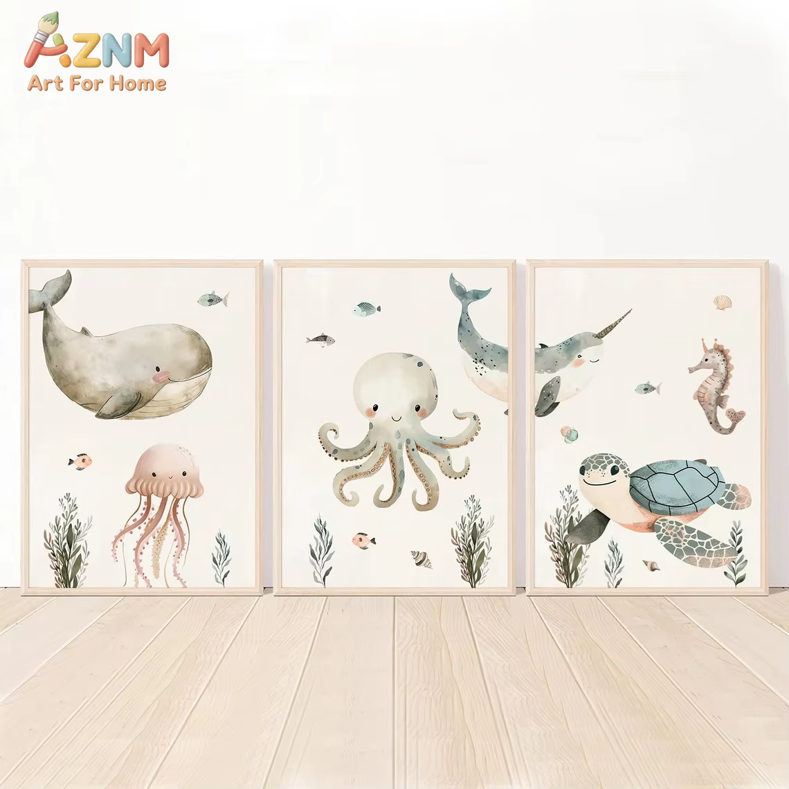 Baby Nursery Ocean - AZNM 水彩かわいい海洋動物キャンバスウォールアートクジラタコカメタツノオトシゴプリント非フレームキャンバス絵画赤ちゃん保育園用