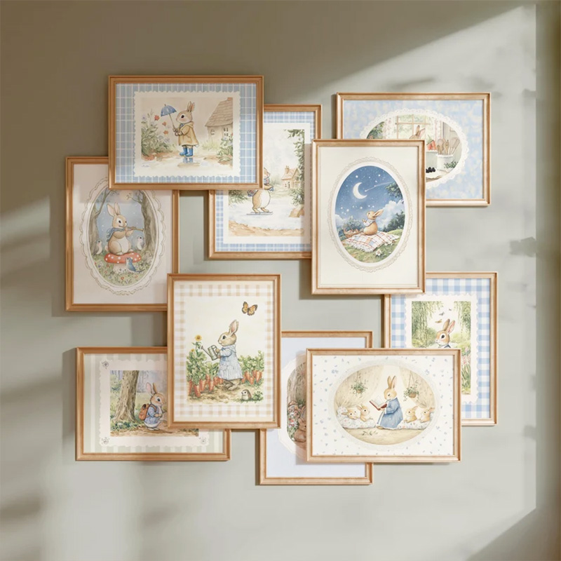 Baby Nursery Vintage Decor - ヴィンテージ自由奔放に生きるブルーチェック柄ウサギに触発アートポスターベビールーム寝室保育園フィールド動物装飾キャンバス絵画壁アート