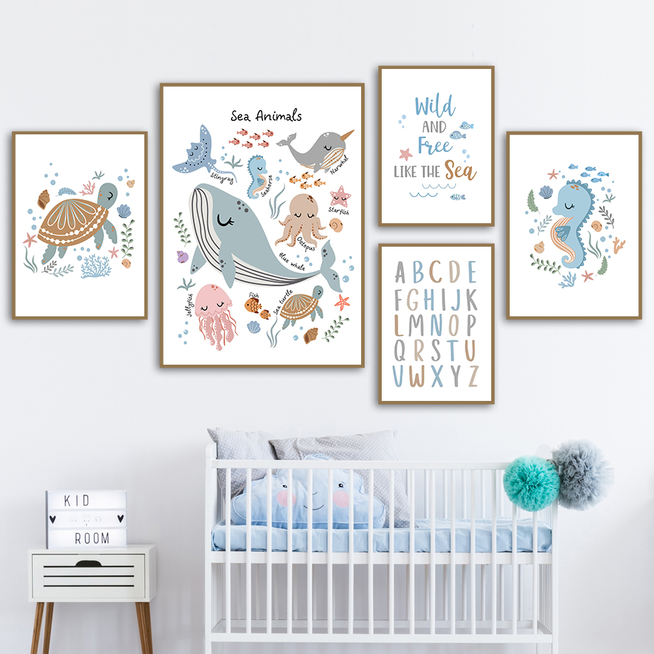 Baby Nursery Ocean - フレームなし海洋動物ウミガメクジラ数字アルファベット保育園壁アートプリントキャンバス絵画ポスター写真ベビーキッズルームホーム