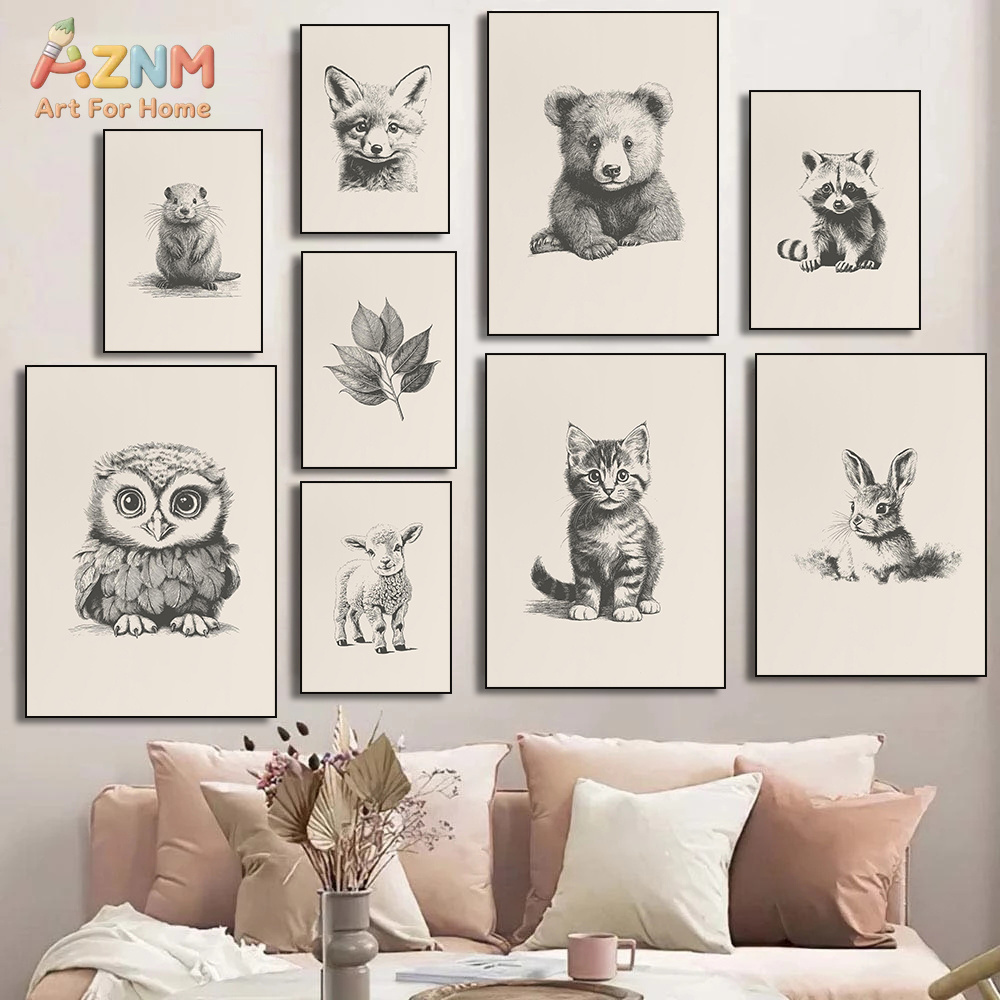Baby Nursery Vintage Decor - AZNM ヴィンテージスケッチ赤ちゃん動物キャンバスウォールアートキツネクマフクロウ描画プリントニュートラル保育園キッズルーム装飾非フレーム化