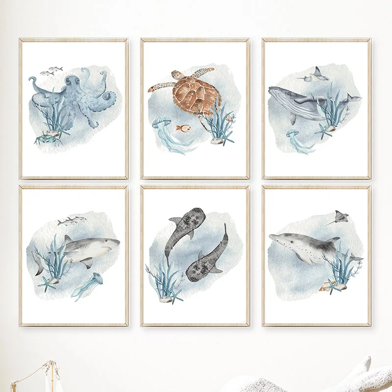 Baby Nursery Ocean - 子供の部屋の装飾のためのポスターとプリント、クジラ、魚、サメ、タコ、カメ、海の動物、壁の芸術のキャンバス、赤ちゃんの絵