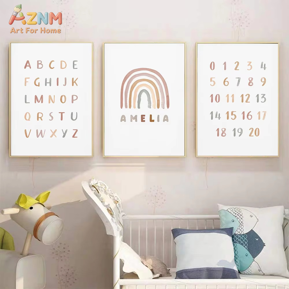 Baby Nursery Mirror - ポスターカスタムABC 123レインボーベビーネームプリント ボヘミアンアルファベットナンバーベビーギフト ウォールアート写真 保育園女の子の部屋の装飾用