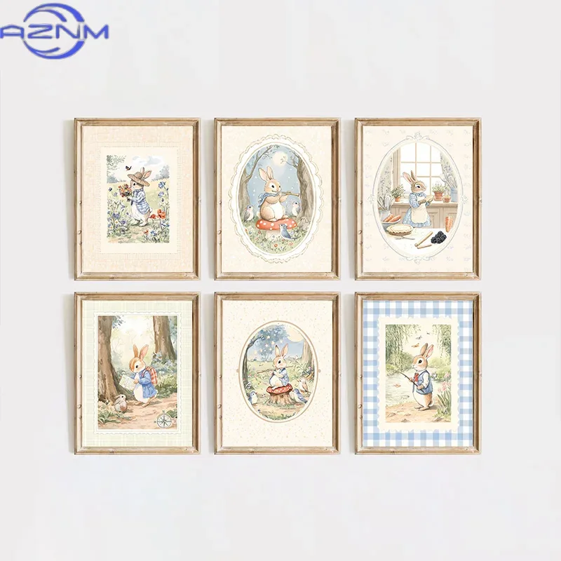 Baby Nursery Vintage Decor - AZNM ヴィンテージボヘミアンブルーチェック柄ウサギ風アートポスターベビールーム寝室保育園フィールド動物装飾キャンバス絵画壁 A