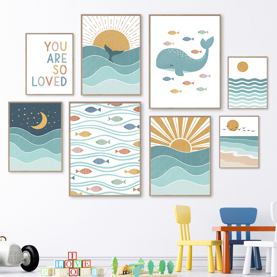 Baby Nursery Ocean - (2D キャンバス絵画) 魚、クジラ、カモメ、日の出、日没、ビーチ、海の引用句、ウォールアート、キャンバス絵画、ポスターとプリント、ウォール P