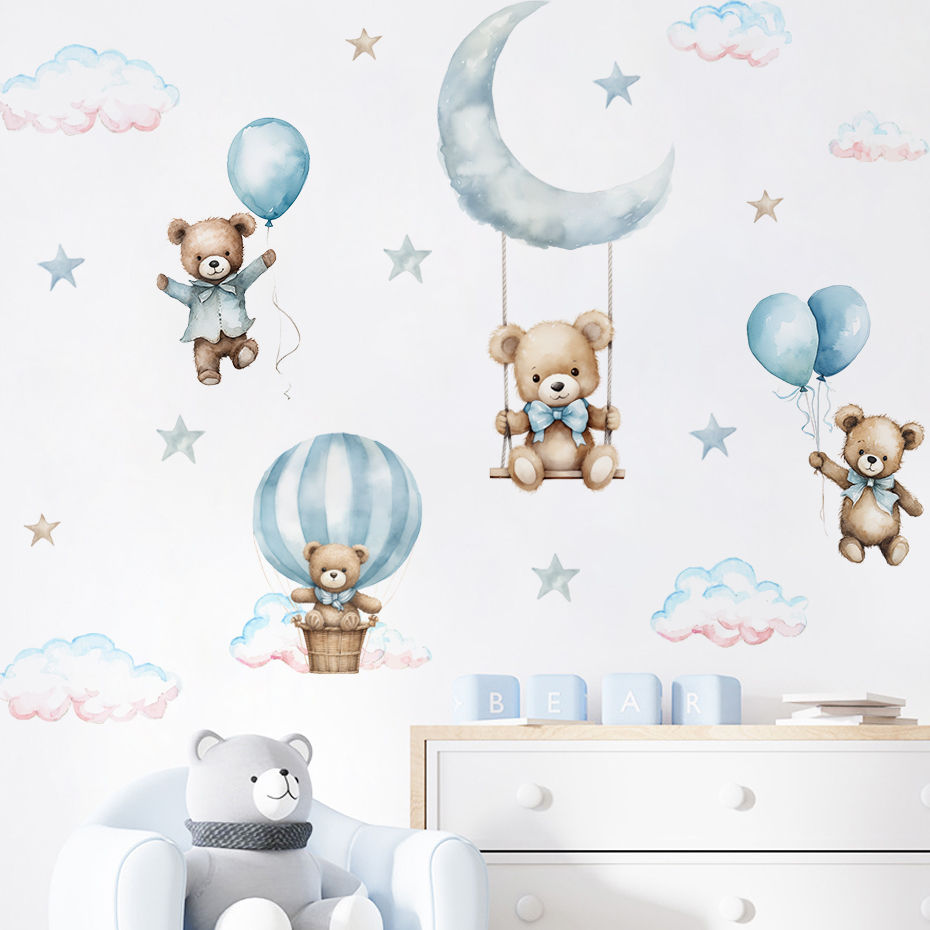Baby Nursery Labels - 水彩クマ熱気球雲ウォールステッカーブルーカラーキッズルームベビー保育園ルームウォールステッカー男の子ルームステッカー