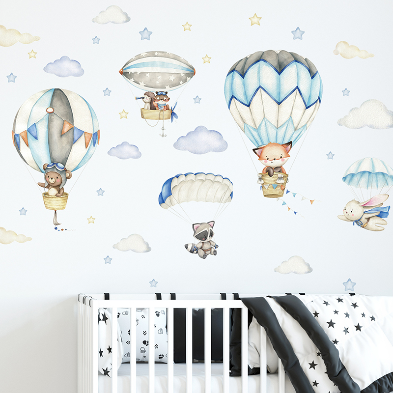 Baby Nursery Labels - 漫画かわいい動物熱気球ウォールステッカーキッズルームベビー保育園ルーム壁飾り寝室の装飾家の装飾 PVC