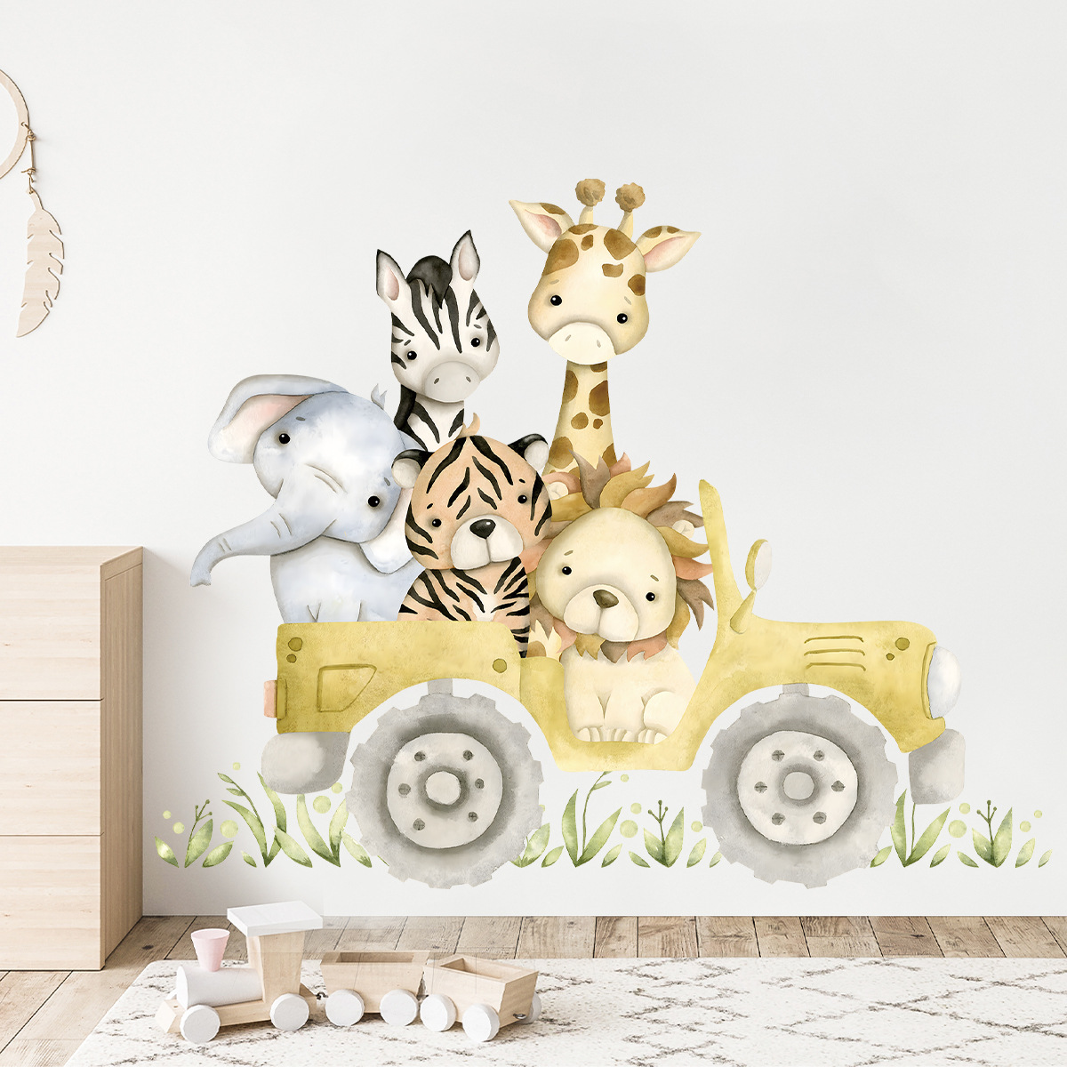 Baby Nursery Furniture - かわいい動物の漫画の壁のステッカー,ジープ,ライオン,象,キリン,シマウマ,虎,赤ちゃんのためのステッカー,子供部屋,保育園の壁の装飾