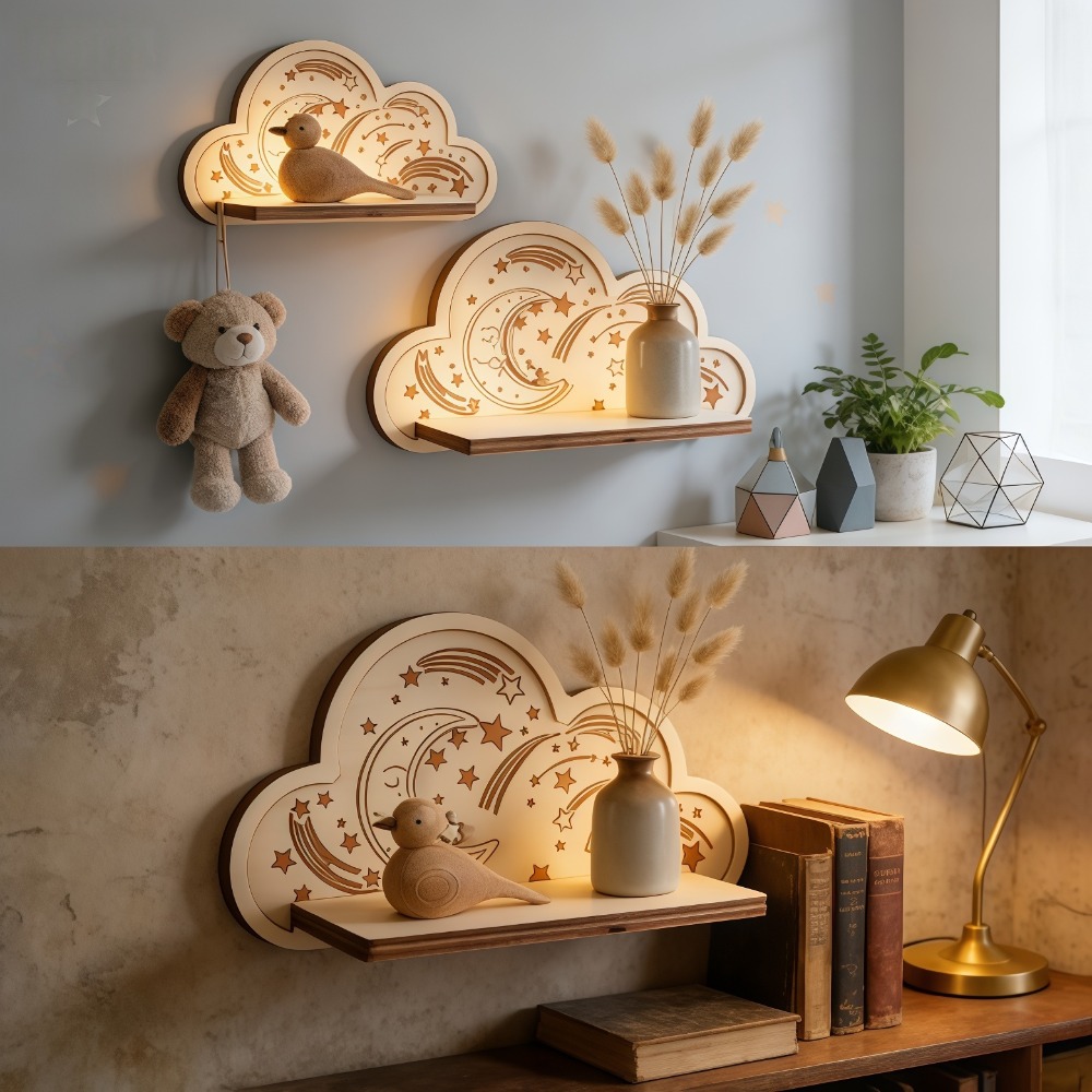 Baby Nursery Hooks - 木製クラウドウォールシェルフ、星と月の形をしたフローティング収納ラック、フック付き、穴あけ不要、ボヘミアンスタイルの子供部屋、ベビー部屋の装飾
