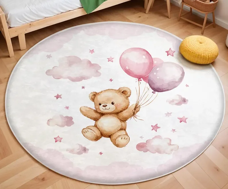 Soft Rug Nursery - ピンクのバルーンベアクラウドラウンドラグ、甘い保育園装飾、柔らかい滑り止めフロアマット