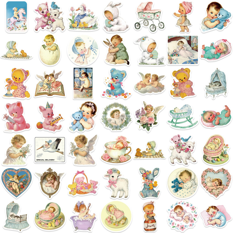 Baby Nursery Vintage Decor - 50 個ヴィンテージベビーステッカーかわいいレトロ保育園デカール防水ジャーナルスクラップブックラップトップ電話ケース DIY 装飾用