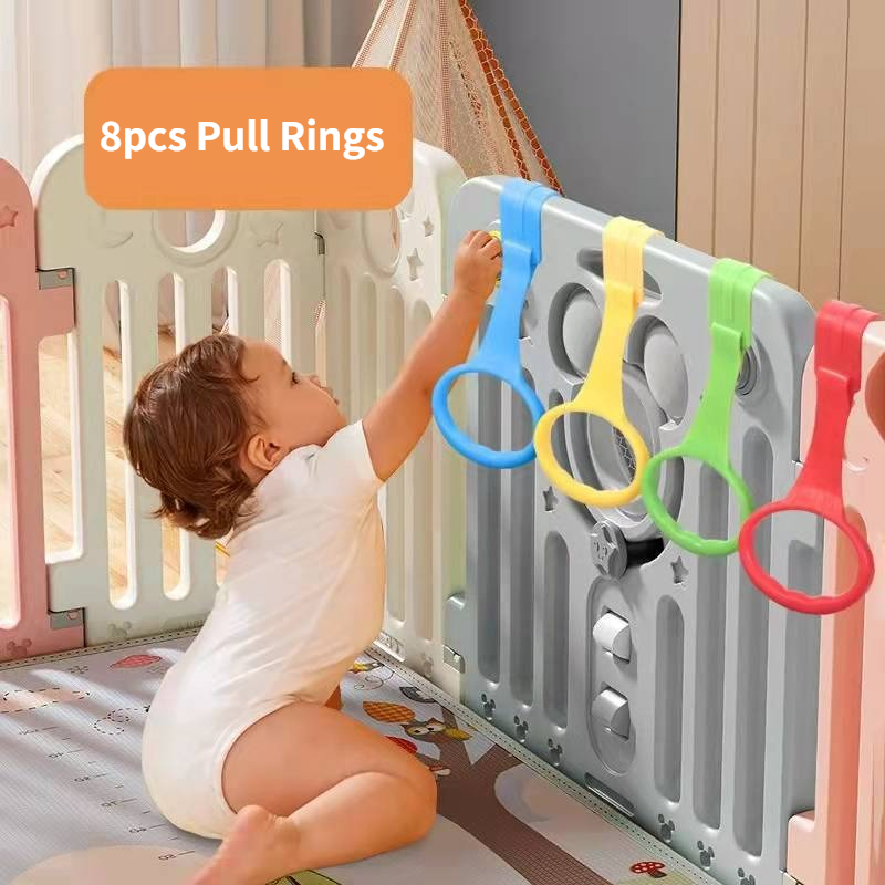 Baby Nursery Hooks - ベビーサークル、ベビーベッド、ベビーガードレール用プルリング8個、幼児用汎用フック、幼児が立つ練習をするための保育園用リング、ハンドリング