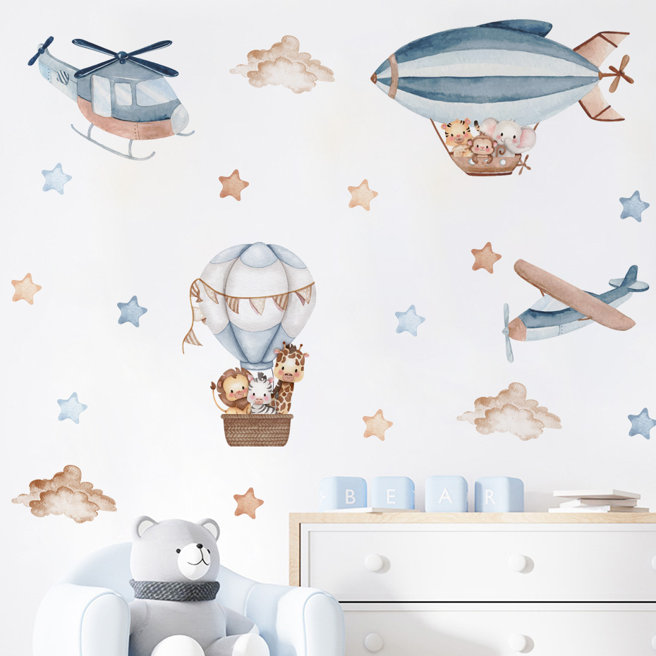 Baby Nursery Labels - 水彩動物熱気球雲ウォールステッカーキッズルームベビー保育園ルームウォールステッカー男の子ルームステッカーウォールステッカー