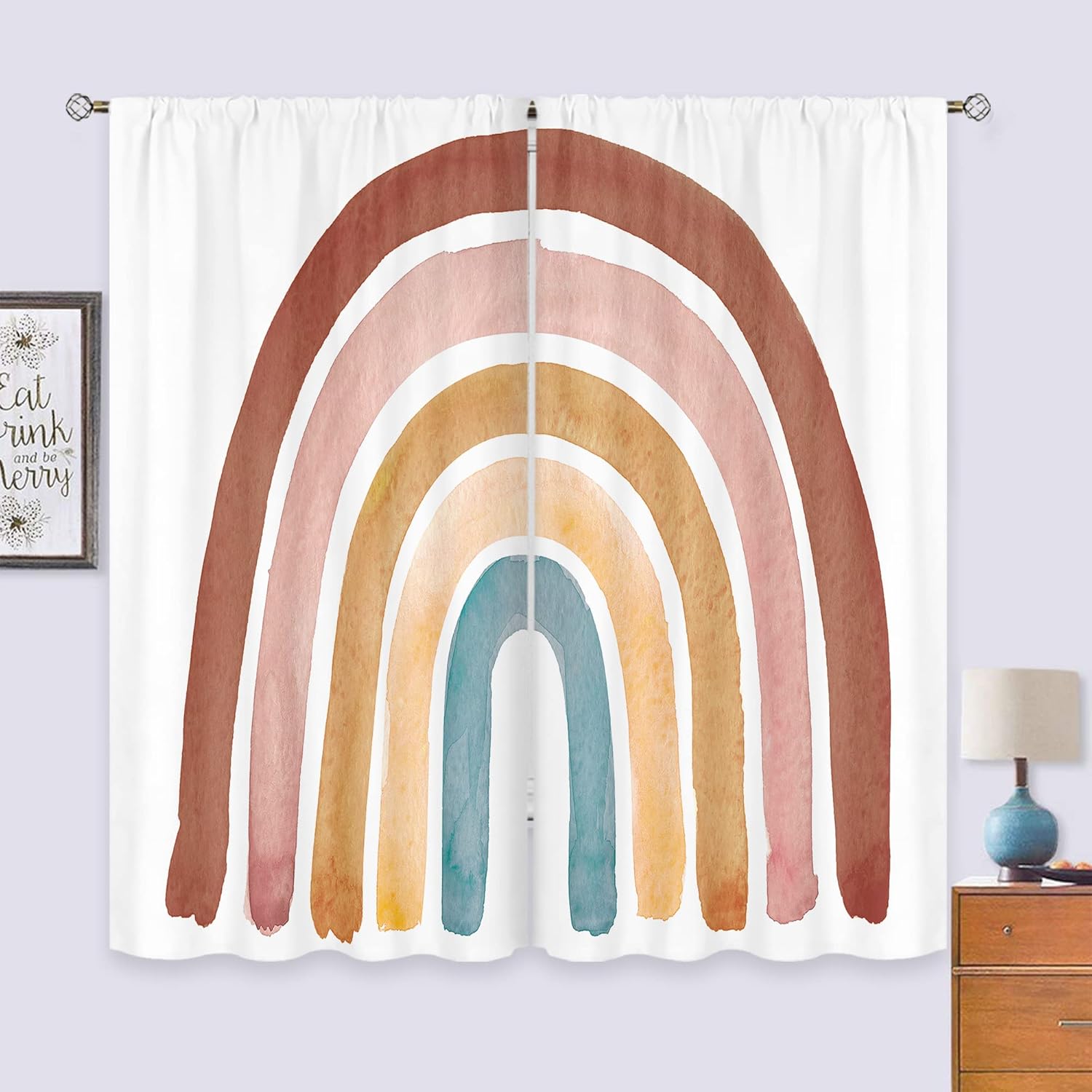 Baby Nursery Vintage Decor - キッズボヘミアンレインボーカーテン 赤ちゃん女の子男の子寝室の装飾用 42Wx63Hインチ ロッドポケット付き かわいい漫画 カラフルなヴィンテージ保育園用