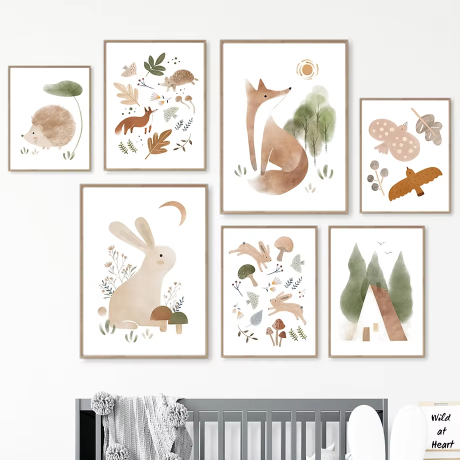 Baby Nursery Mirror - ボヘミアン風ウサギキツネハリネズミ鳥葉の子供部屋の壁アートキャンバス絵画北欧ポスターとプリント写真男の子の部屋の装飾
