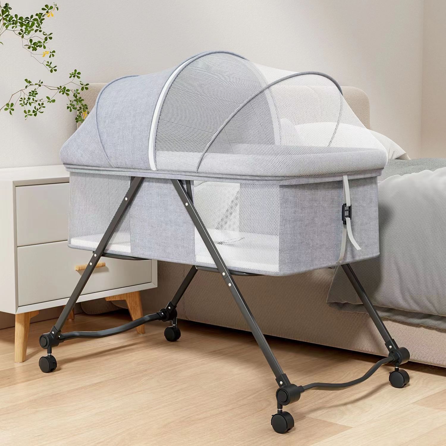 Bassinet Bedside Sleeper - ベビーバシネットベッドサイドスリーパー、安定したベビーベッド、洗えるマットレス、蚊帳付き、4つのロック可能なホイール、0〜24ヶ月の赤ちゃん用