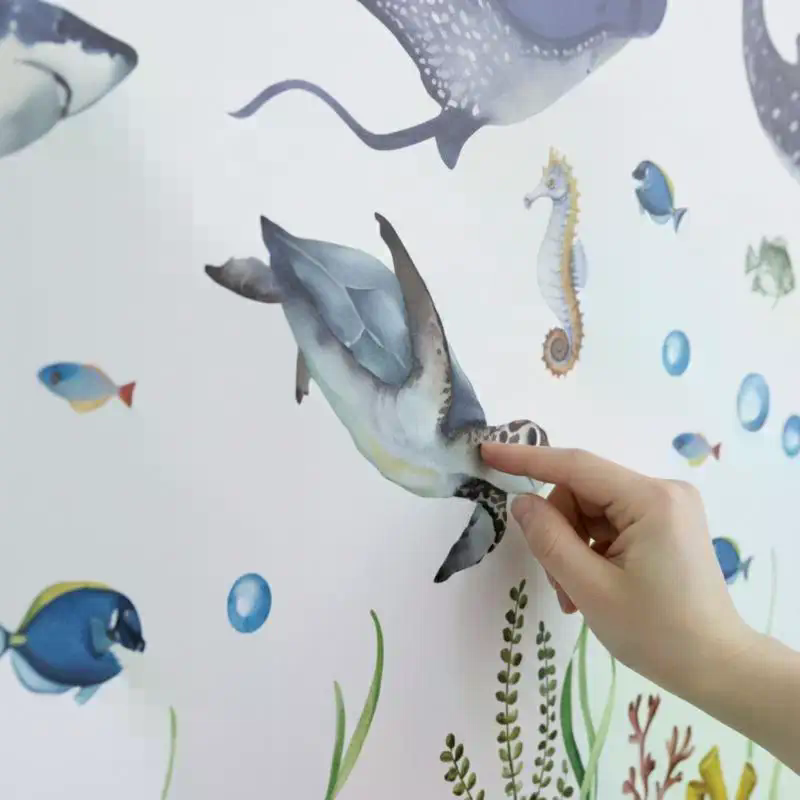 Baby Nursery Labels - 海洋生物ウォールデカール水彩画サメ取り外し可能な魚ステッカー海の動物保育園子供の寝室の家の装飾