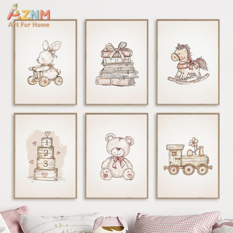 Baby Nursery Vintage Decor - AZNM ヴィンテージベビーおもちゃキャンバスウォールアート テディベアとウサギのプリント ソフトニュートラルな保育園の装飾に