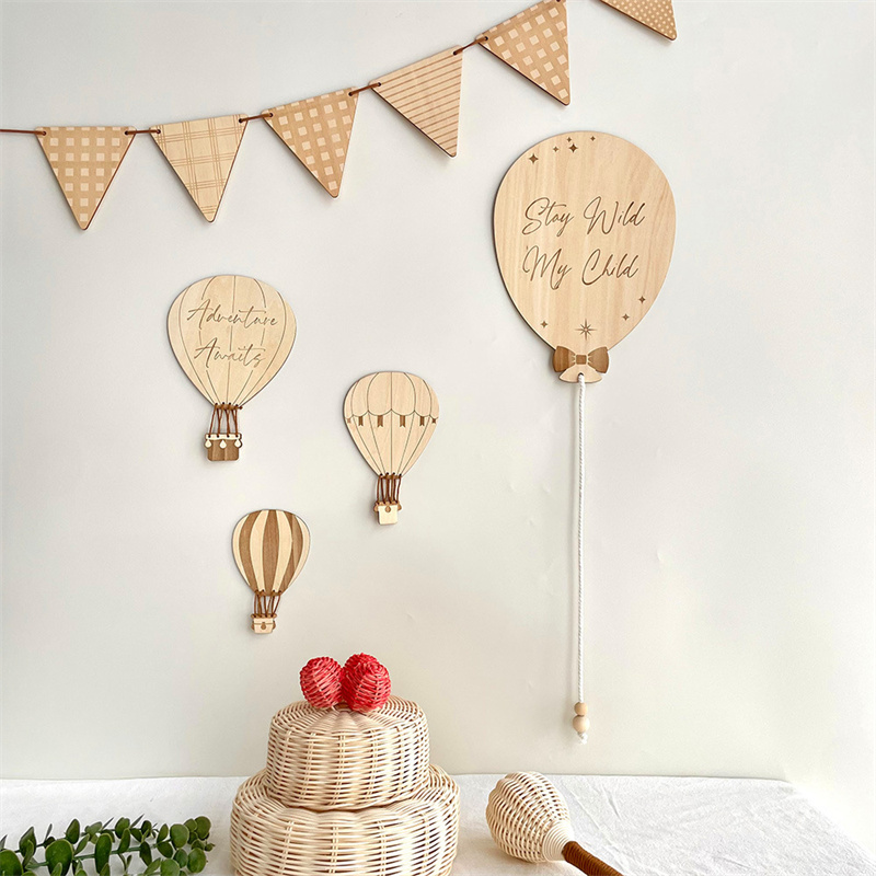 Baby Nursery Labels - INS 北欧木製熱気球ウォールステッカー木製バルーンステッカーセット子供部屋の装飾飾りホームクラフト保育園の装飾