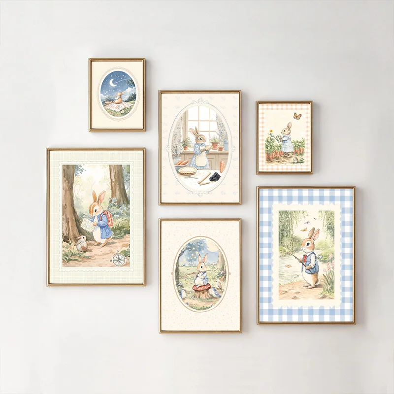 Baby Nursery Vintage Decor - ヴィンテージ風ボヘミアンブルーの格子柄ウサギをモチーフにしたアートポスター、ベビー/子供部屋/寝室/保育園用、野生動物をモチーフにした装飾キャンバス絵画ウォールアート