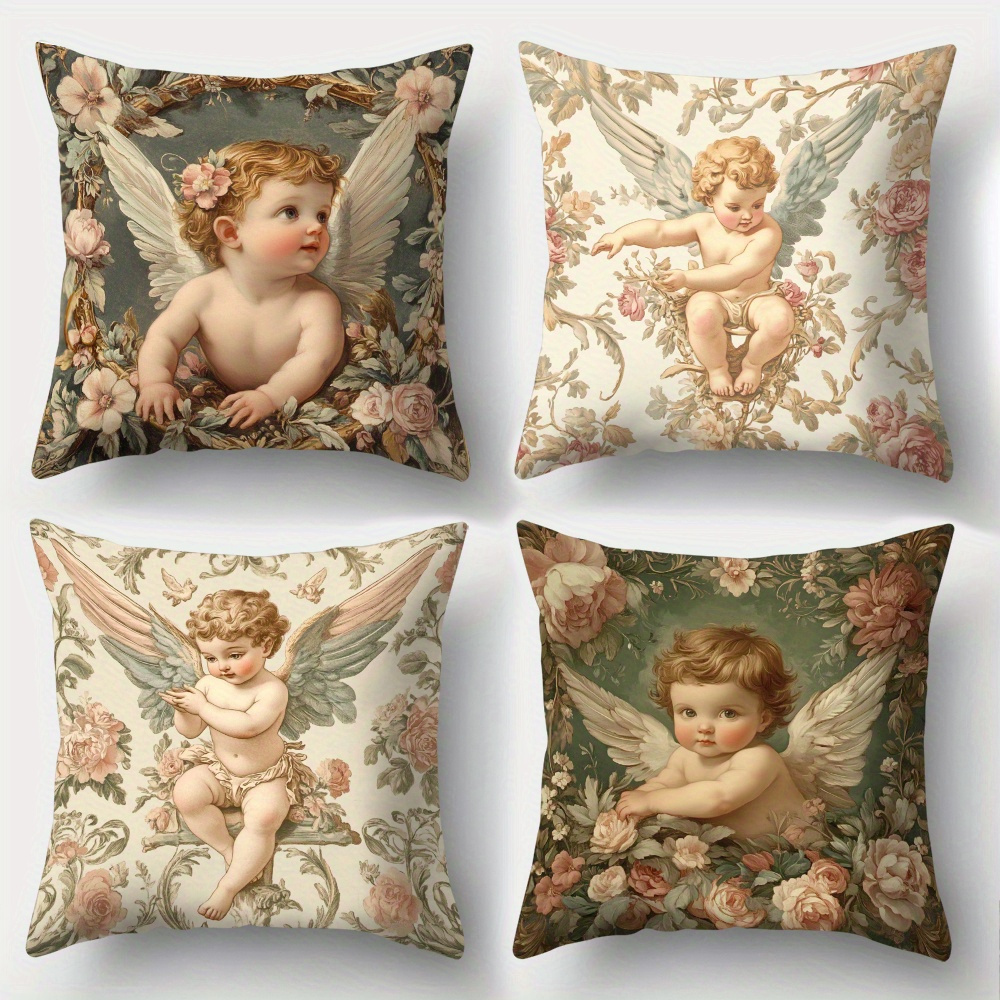 Baby Nursery Vintage Decor - プリントエンジェルフローラル枕カバー4枚セット シャビーシックな保育園装飾用スローピローカバー ポリエステル製ヴィンテージベビールームアクセントピロー