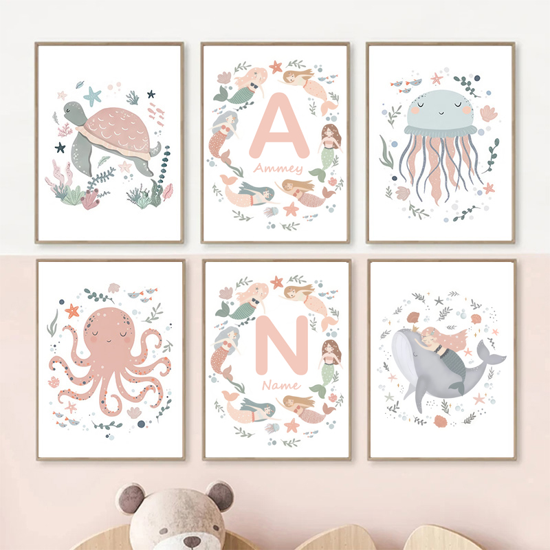 Baby Nursery Ocean - 海のクジラ、ウミガメ、人魚の保育園用ウォールアート、キャンバス絵画、ピンクの可愛い動物ポスター、女の子の部屋や家の装飾用の絵画