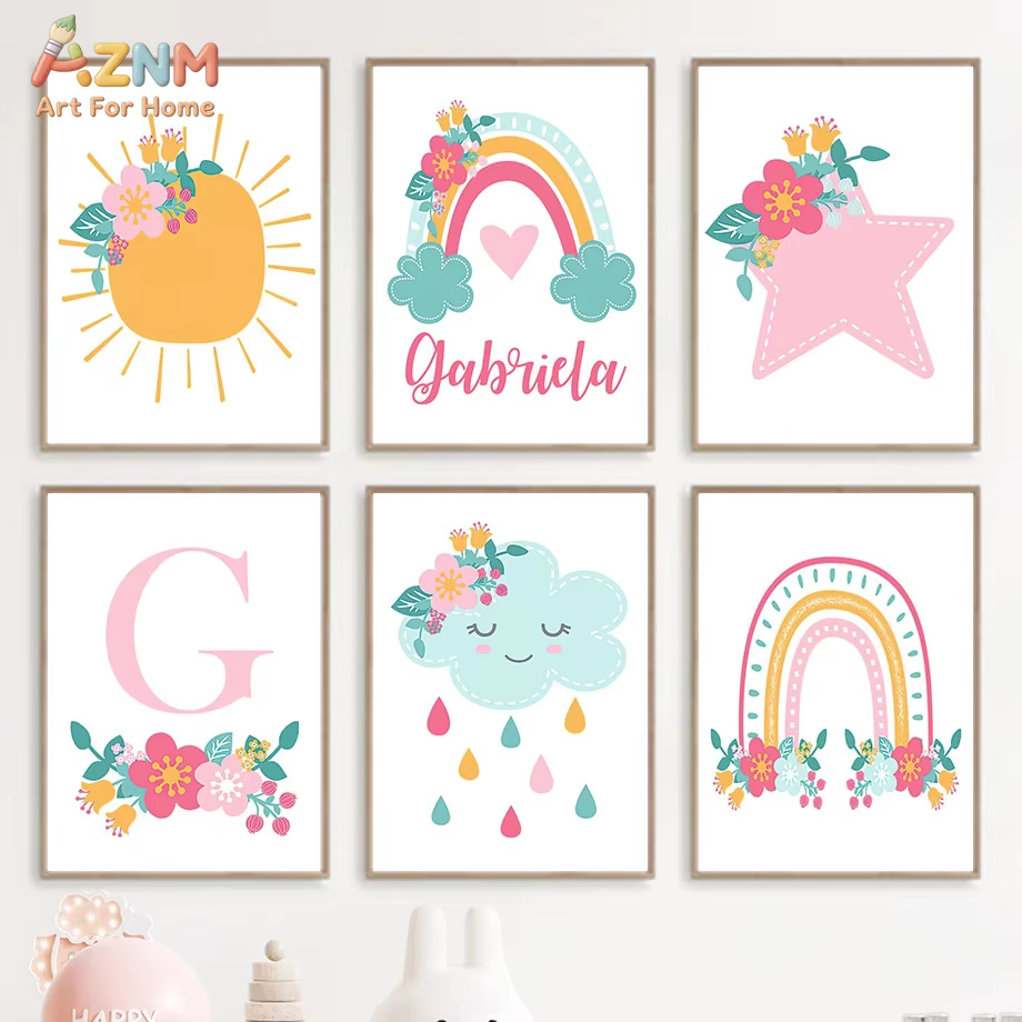 Baby Nursery Mirror - かわいい太陽虹雲星花保育園壁アートキャンバス絵画漫画ポスターとプリント写真ベビーキッズルーム装飾