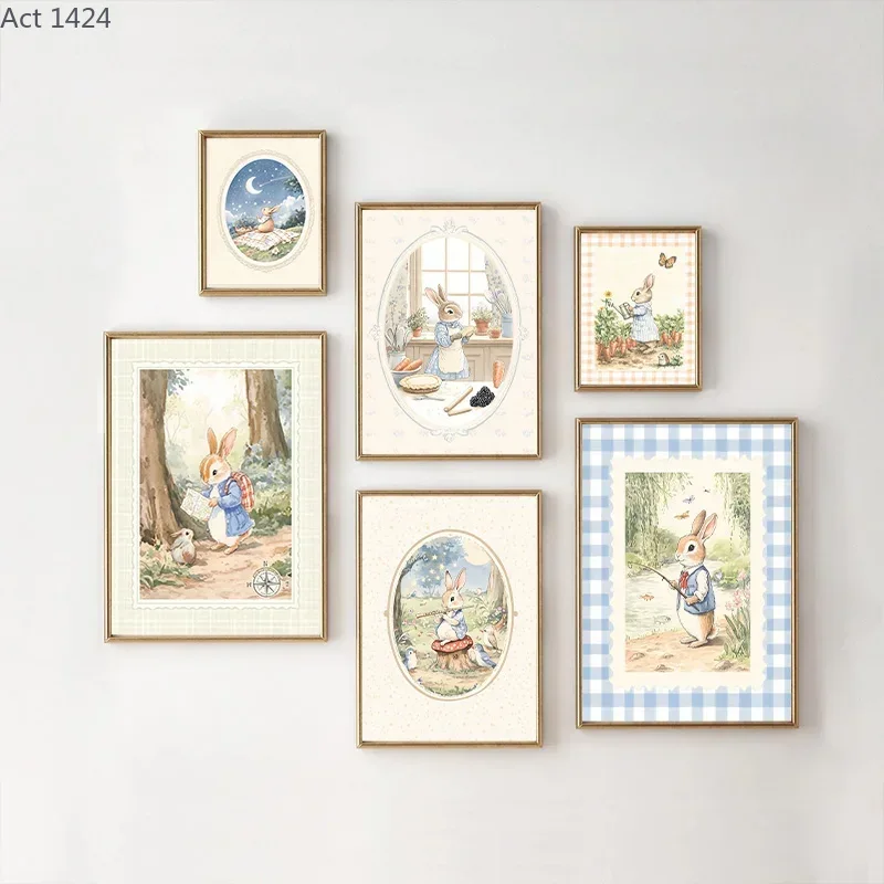 Baby Nursery Vintage Decor - ヴィンテージボホブルーチェック柄ウサギモチーフのアートポスター、ベビールーム、寝室、子供部屋、フィールドアニマル装飾キャンバス絵画