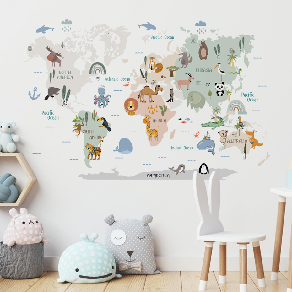 Baby Nursery Furniture - 水彩画世界地図壁ステッカー、動物、野生、子供、ビニール、保育園、赤ちゃん、女の子の部屋、家の装飾のためのアートステッカー