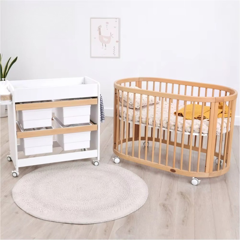 Baby Nursery Furniture Sets - 多機能ベビーベッドセット 変換式3in1木製楕円形ベビーベッド おむつ交換台付き