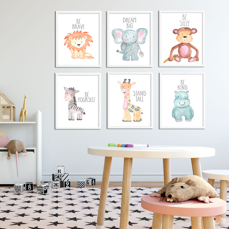 Baby Nursery Mirror - 子供部屋の装飾用のキャンバスに北欧の絵画、動物のデザインの壁のポスター、ライオン、象、キリン、保育園用