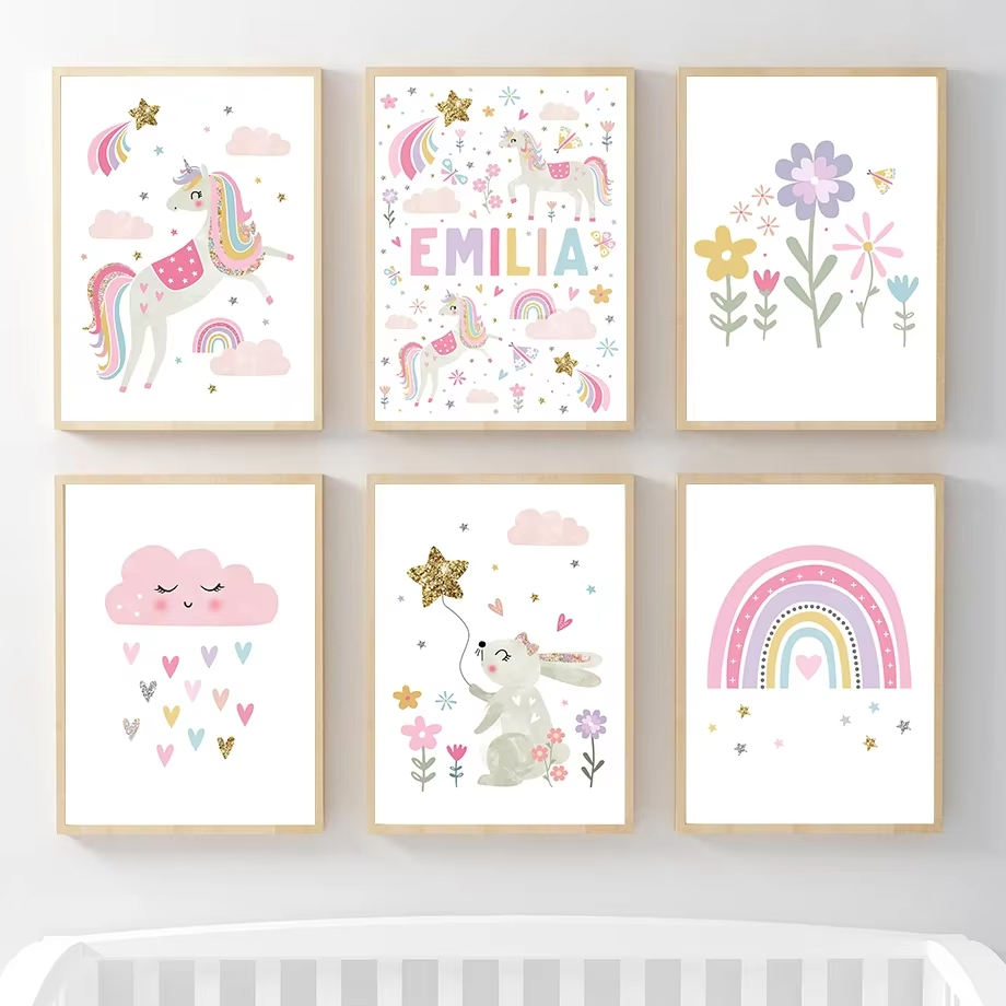 ピンクのユニコーンウサギ虹雲花保育園壁アートキャンバス絵画ポ - Baby Nursery Mirror のレビューと価格