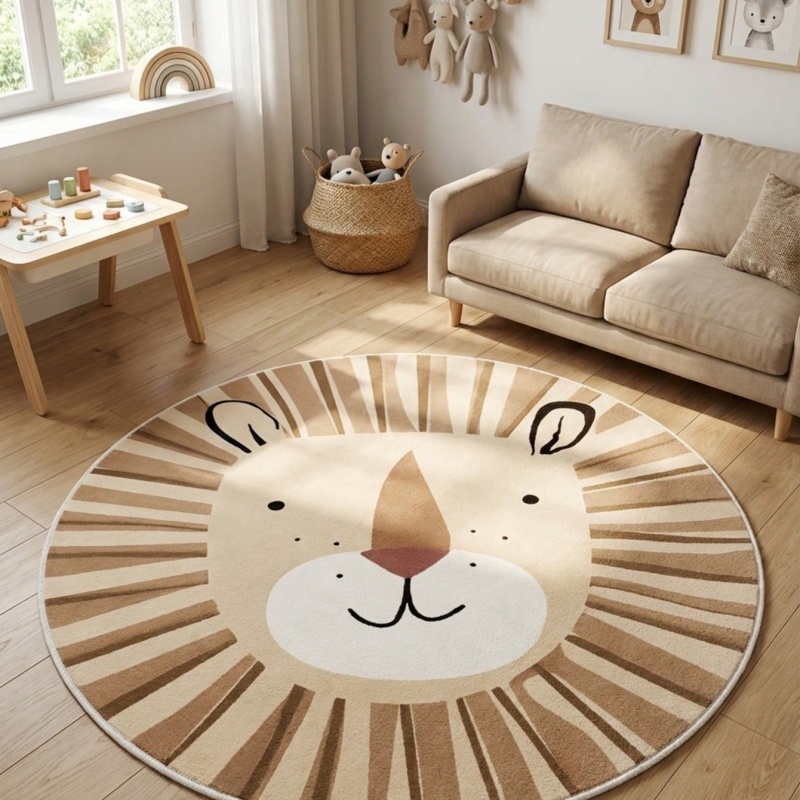 ミニマリスト漫画ライオンフェイスキッズラウンドラグ滑り止めソ - Soft Rug Nursery のレビューと価格