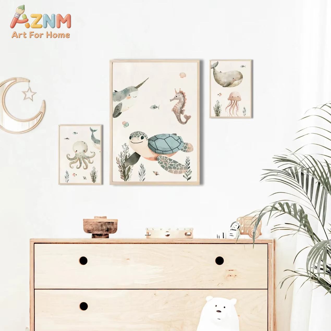 AZNM 水彩かわいい海洋動物キャンバスウォールアートクジラ - Baby Nursery Ocean のレビューと価格