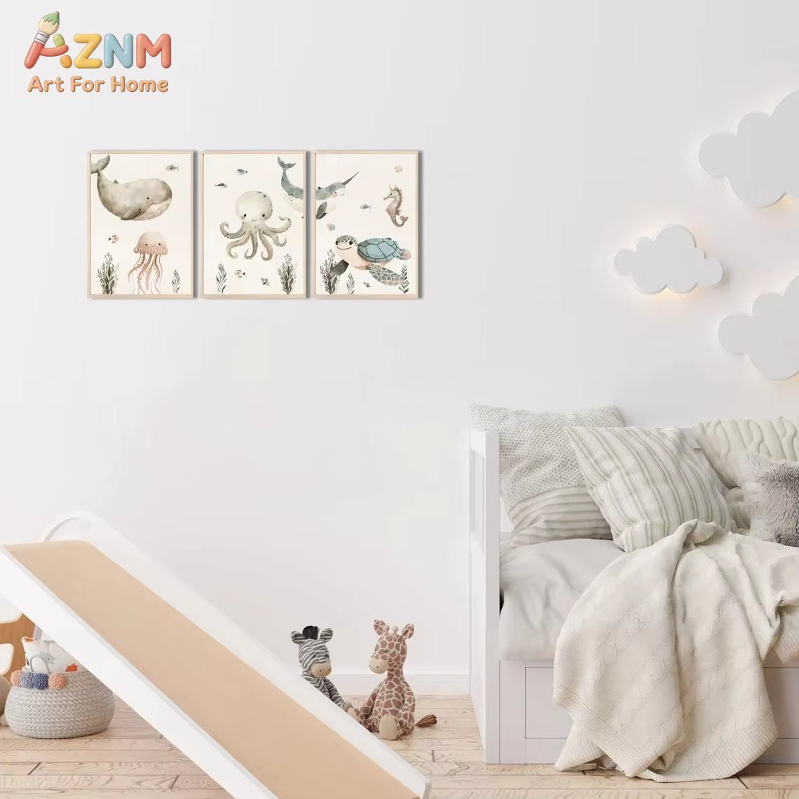 AZNM 水彩かわいい海洋動物キャンバスウォールアートクジラ - Baby Nursery Ocean のレビューと価格