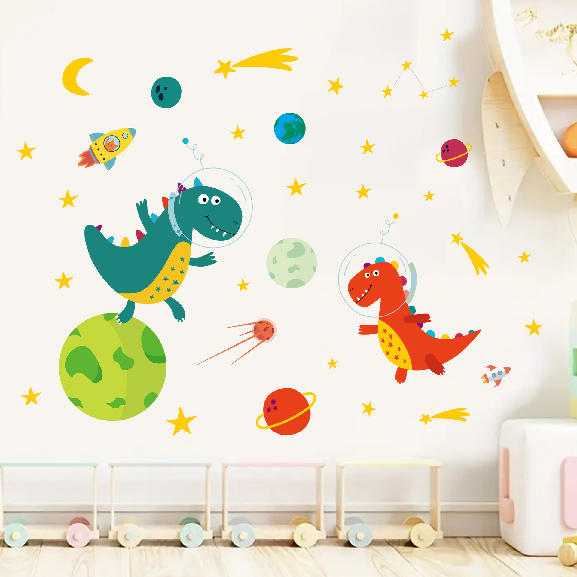 宇宙飛行士と恐竜のウォールステッカー,宇宙船,ロケット,惑星 - Baby Nursery Furniture のレビューと価格
