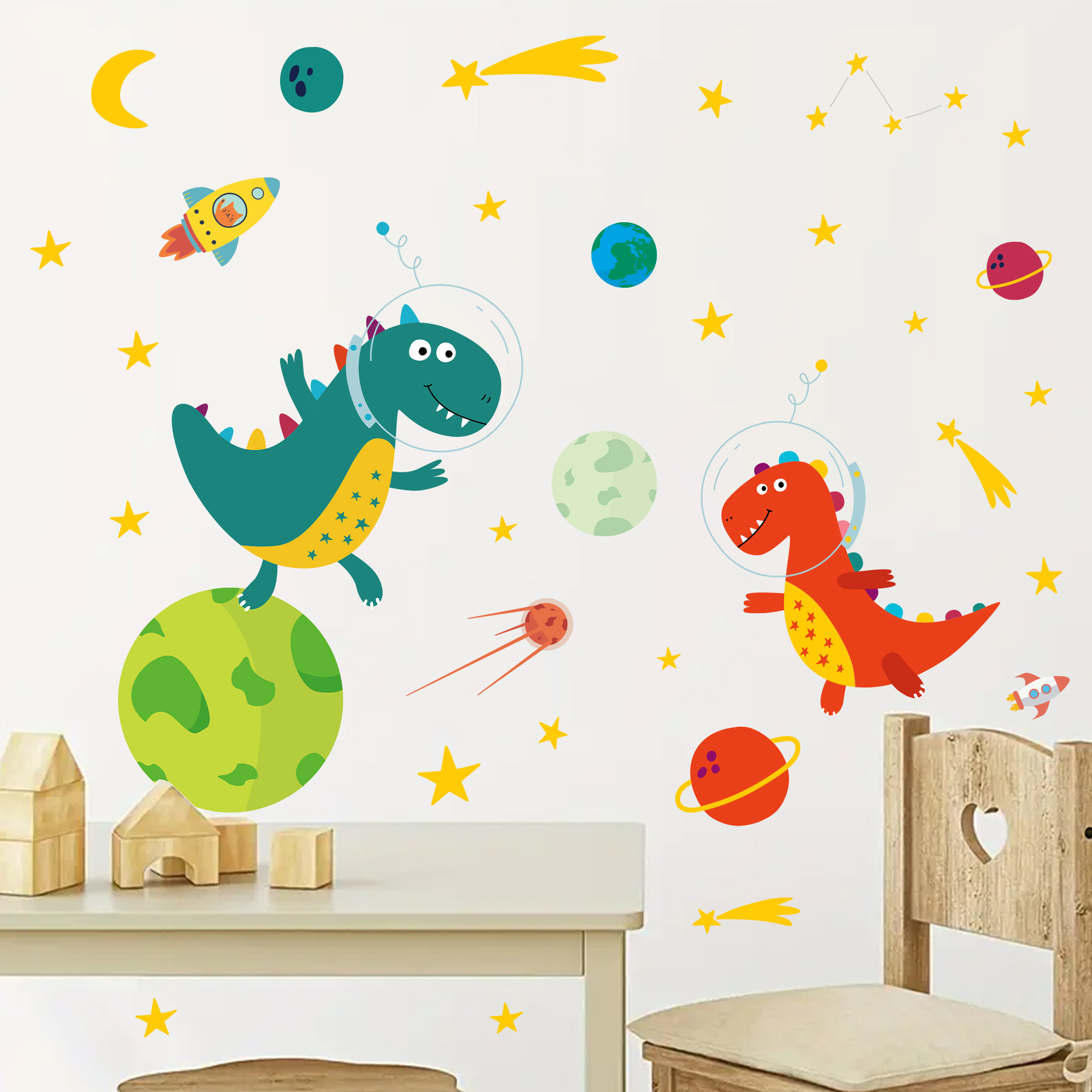 宇宙飛行士と恐竜のウォールステッカー,宇宙船,ロケット,惑星 - Baby Nursery Furniture のレビューと価格