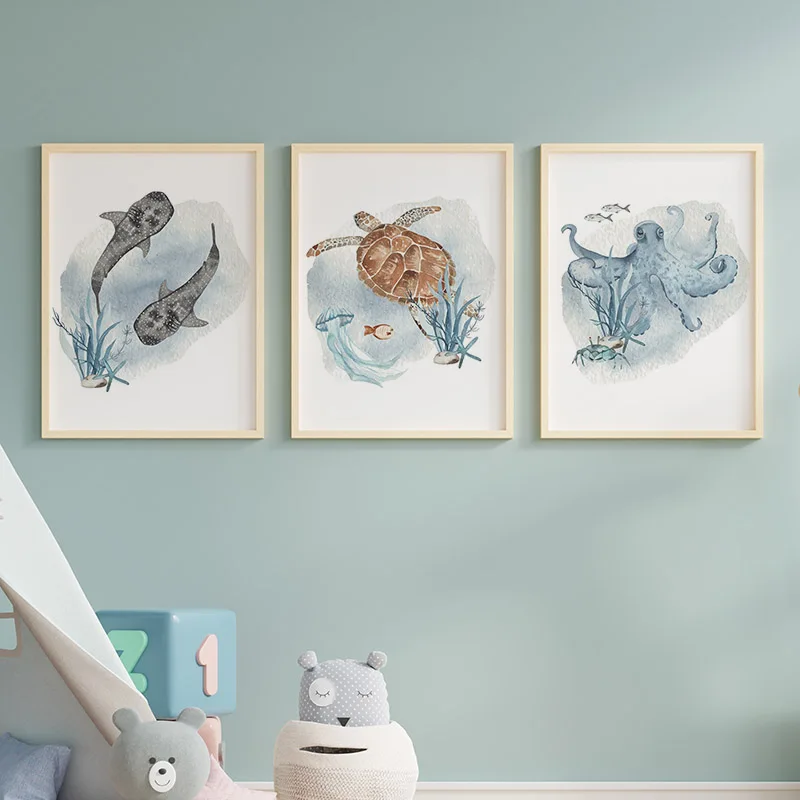 子供の部屋の装飾のためのポスターとプリント、クジラ、魚、サメ - Baby Nursery Ocean のレビューと価格