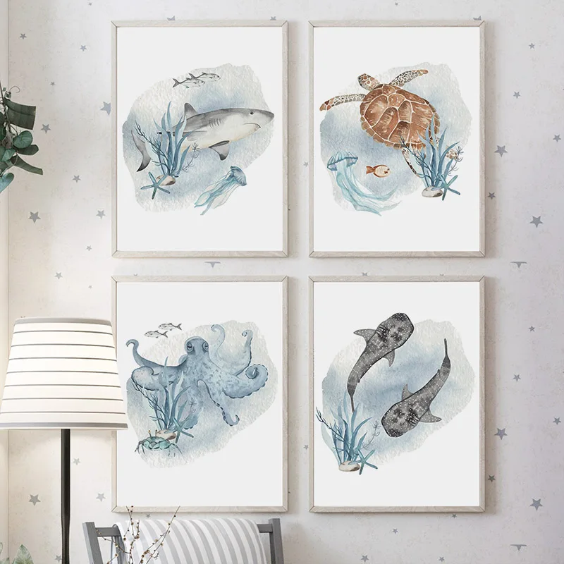 子供の部屋の装飾のためのポスターとプリント、クジラ、魚、サメ - Baby Nursery Ocean のレビューと価格