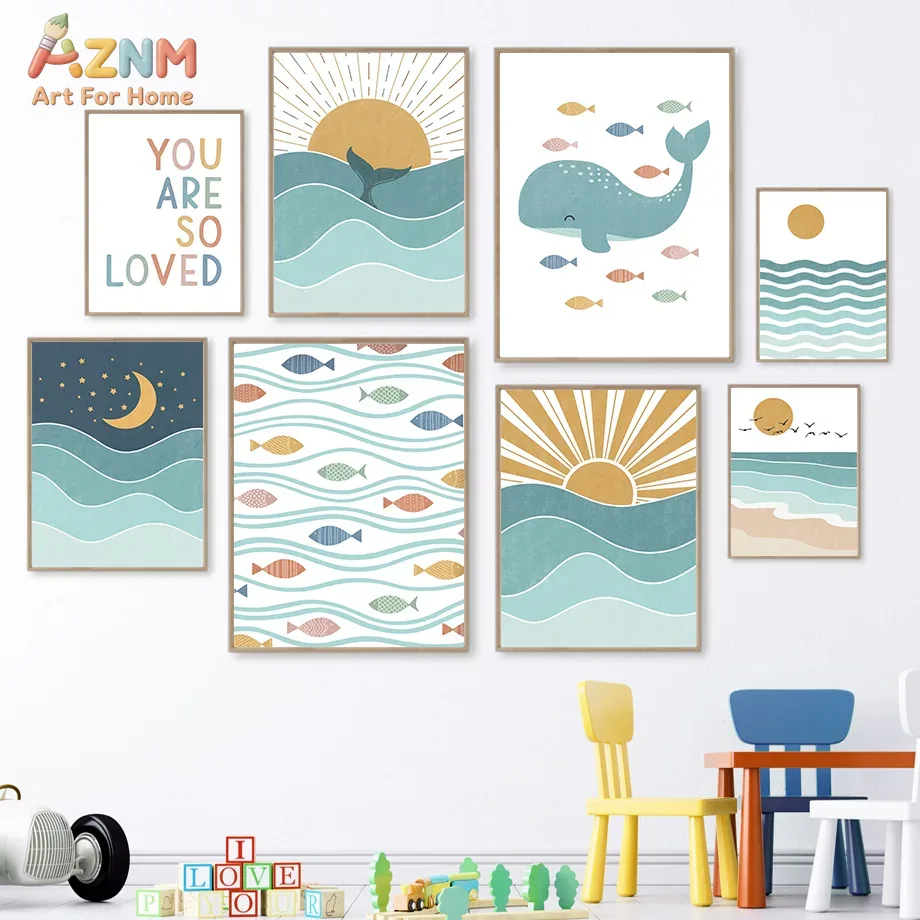 AZNM ボヘミアンオーシャンキャンバスウォールアート キュ - Baby Nursery Ocean のレビューと価格