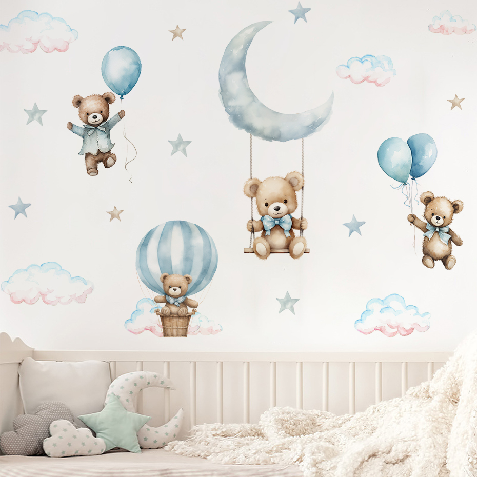 水彩クマ熱気球雲ウォールステッカーブルーカラーキッズルームベ - Baby Nursery Labels のレビューと価格