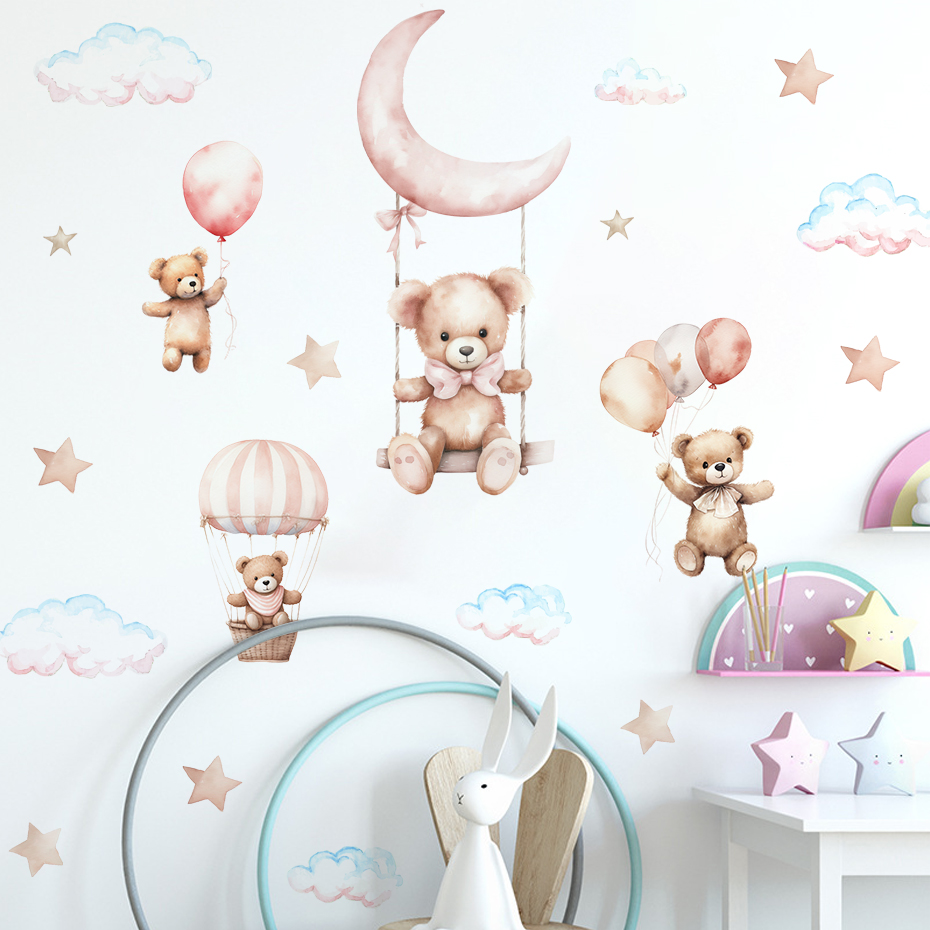水彩クマ熱気球雲ウォールステッカーブルーカラーキッズルームベ - Baby Nursery Labels のレビューと価格