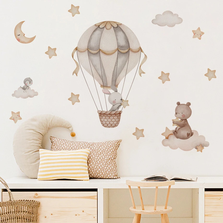 水彩クマ熱気球雲ウォールステッカーブルーカラーキッズルームベ - Baby Nursery Labels のレビューと価格